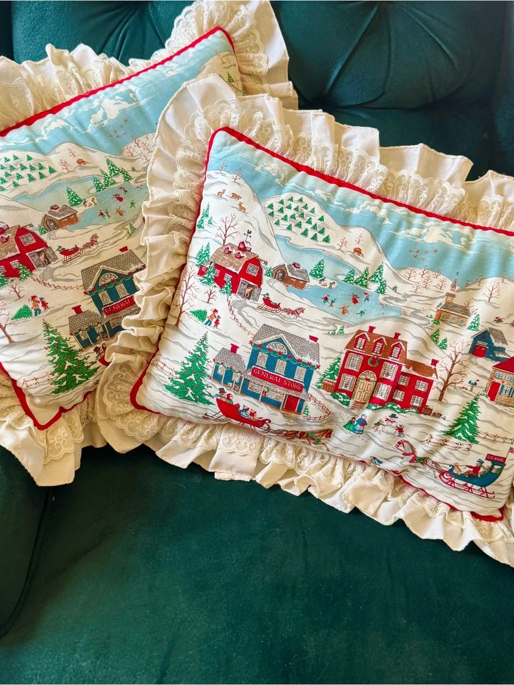 Vintage Handmade Holiday Village Ruffled Pillow Covers - Cream, Red & Blue
